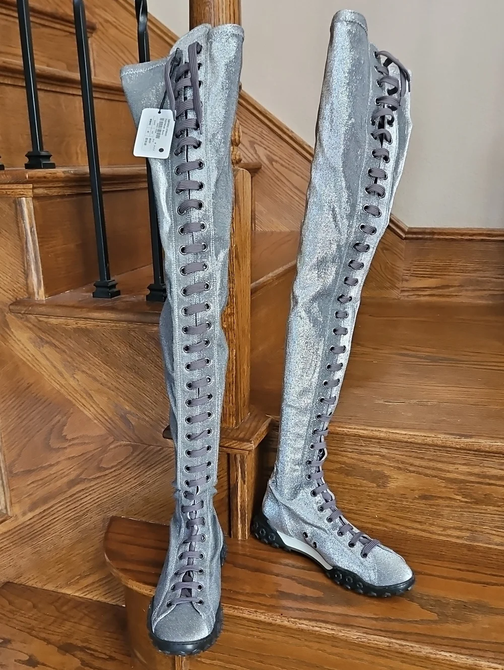 Emporio Armani Over-the-Knee Lace-Up Grey Metallic Sneaker Boots